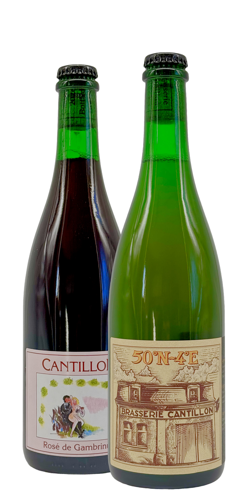 Cantillon - 50°N 4°E 2025 + Rosé de Gambrinus 2026, two 750 ml bottles: cognac barrel-aged gueuze and raspberry lambic