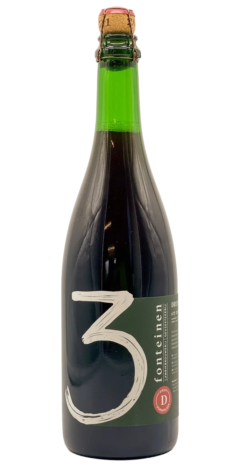 750 ml bottle of 3 Fonteinen - Druif Dornfelder #27 2021 – Fruit Lambic, 7.7% ABV