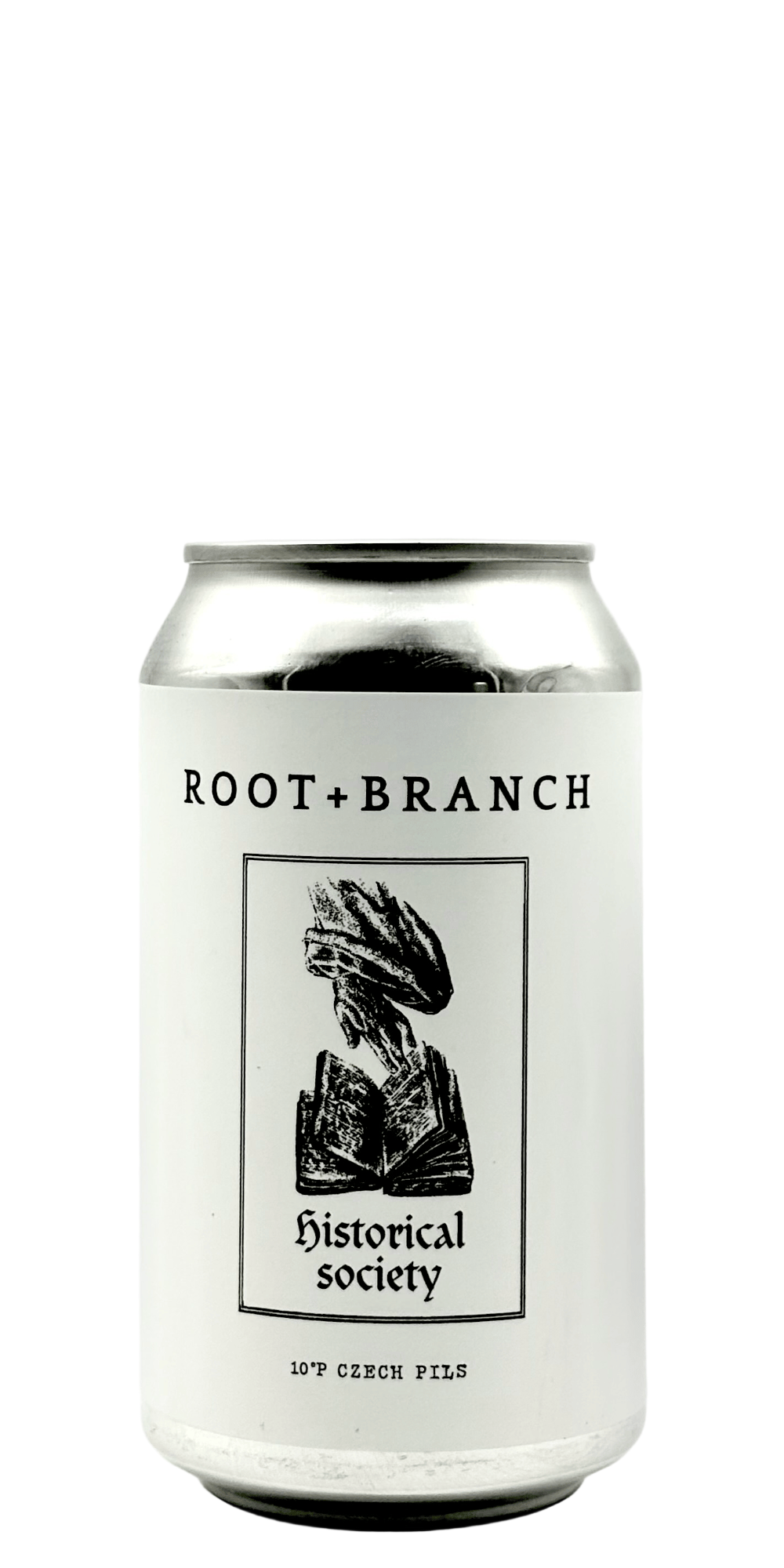 355 ml can of Root + Branch - Historical Society: 10°P Czech Pils – Czech Lager, 4% ABV