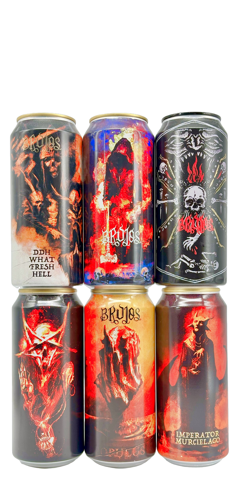 Six 473 ml cans from Brujos – hazy IPAs, a hazy pale ale and fresh hop West Coast IPAs, 5.5-8.5% ABV