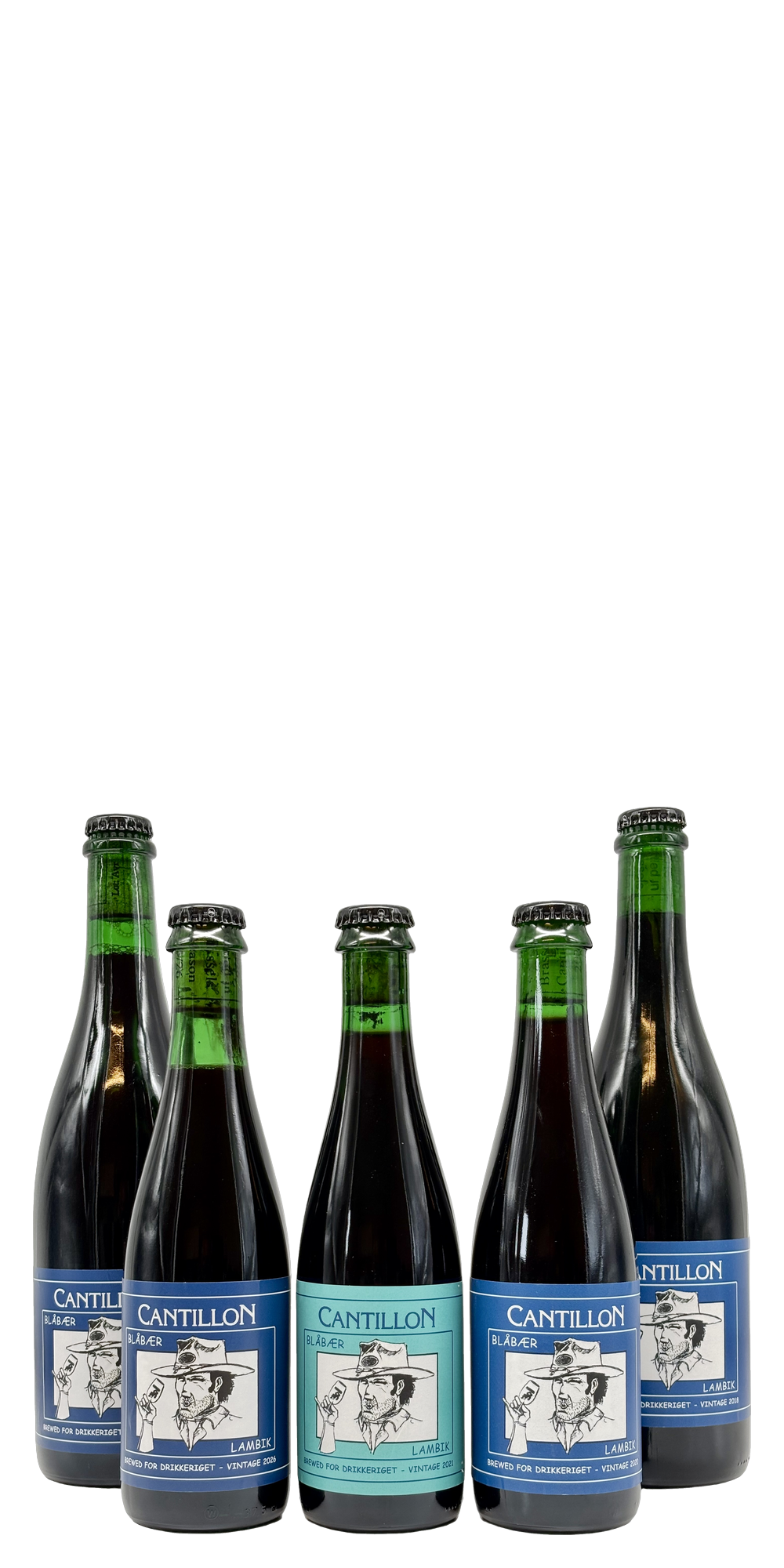 Cantillon - Blåbær 2018, 2020, 2021 + 2026, five bottles including the teal-labelled 2021