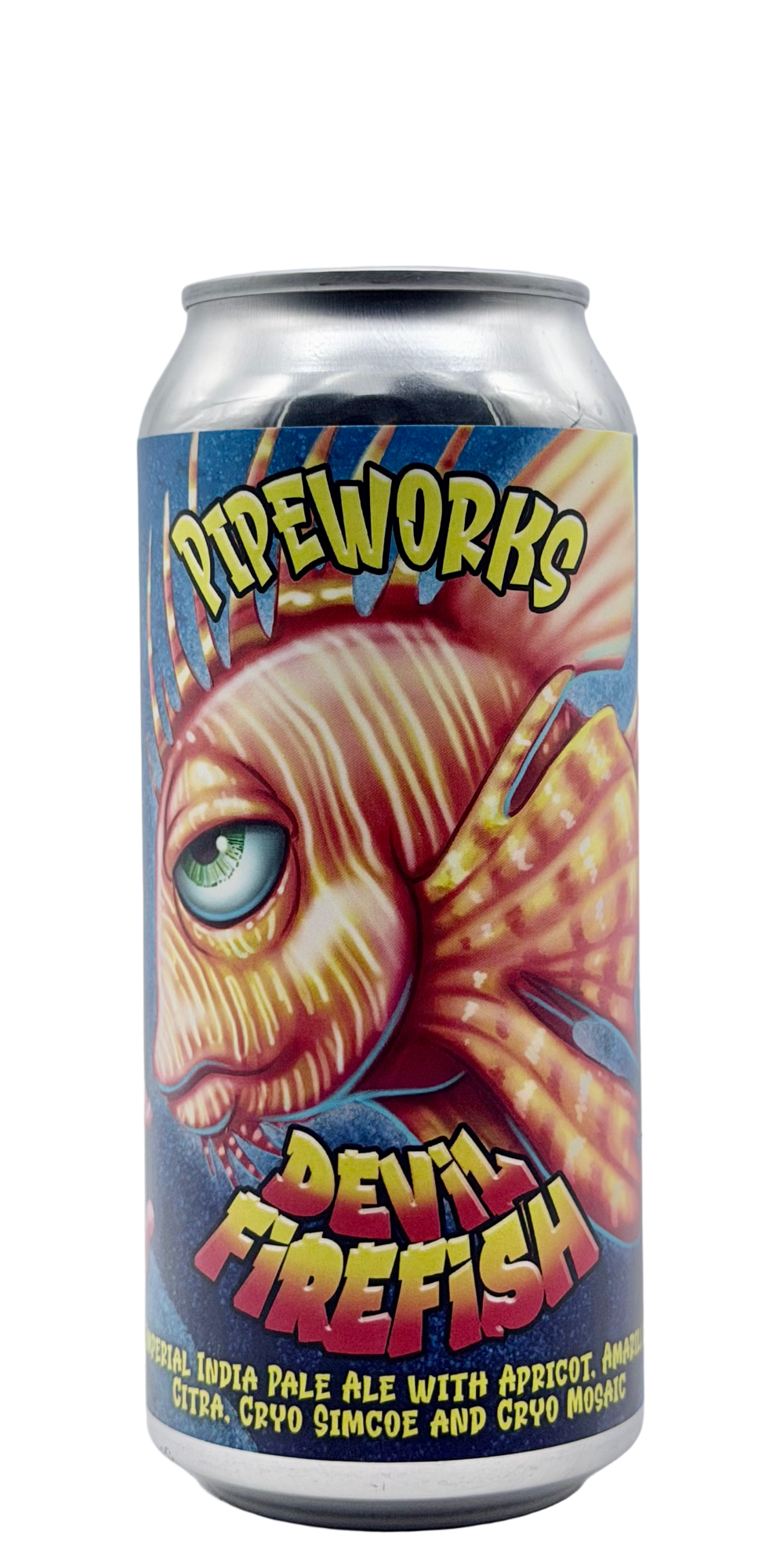 473 ml can of Pipeworks - Devil Firefish – Imperial IPA with Apricot, Amarillo, Cryo Simcoe, Cryo Citra & Cryo Mosaic, 9.5% ABV
