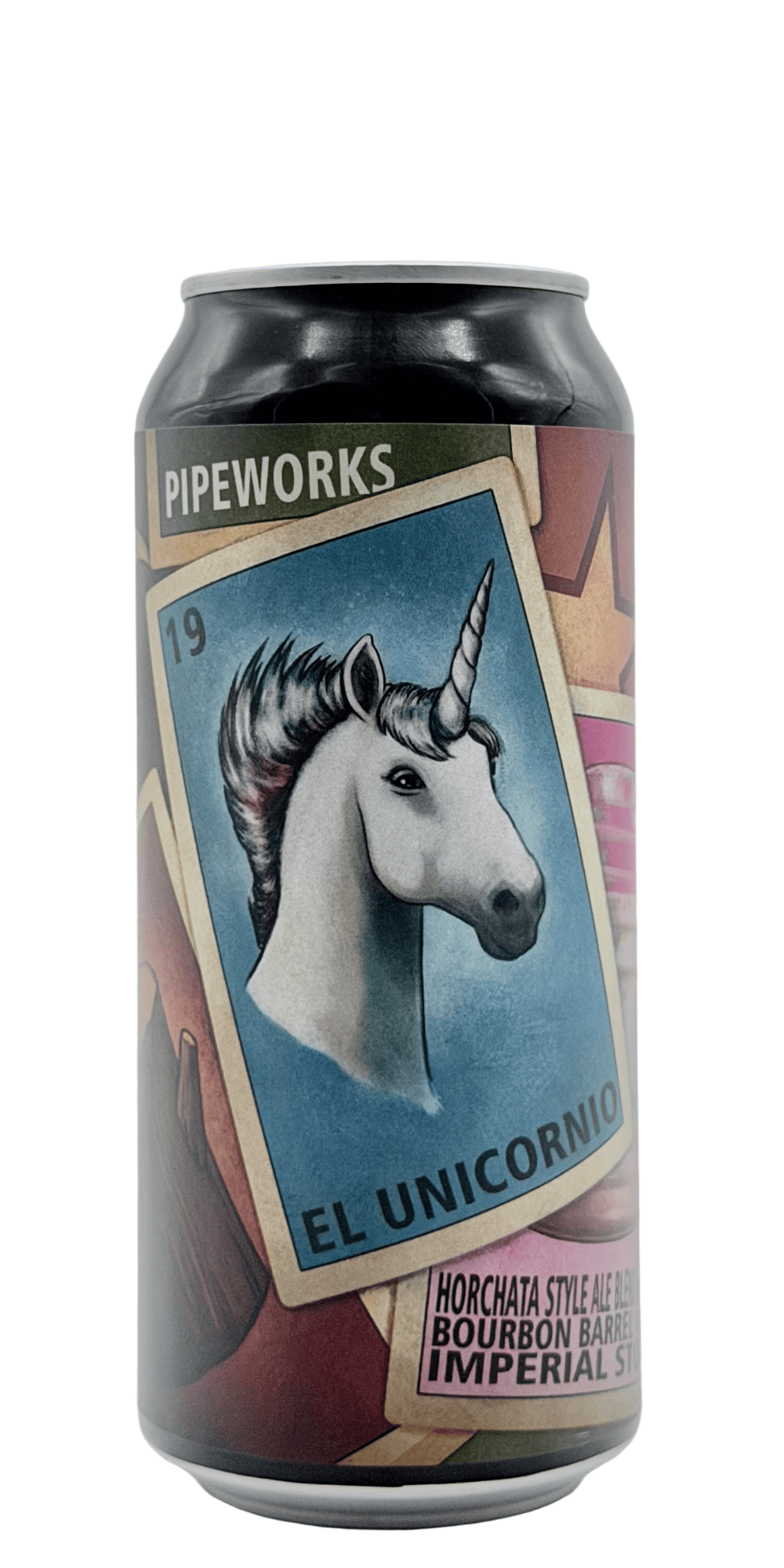 473 ml can of Pipeworks - El Unicornio – Imperial Stout Blended with Bourbon Barrel Aged Imperial Stout, Rice, Lactose, Vanilla & Cinnamon, 9% ABV