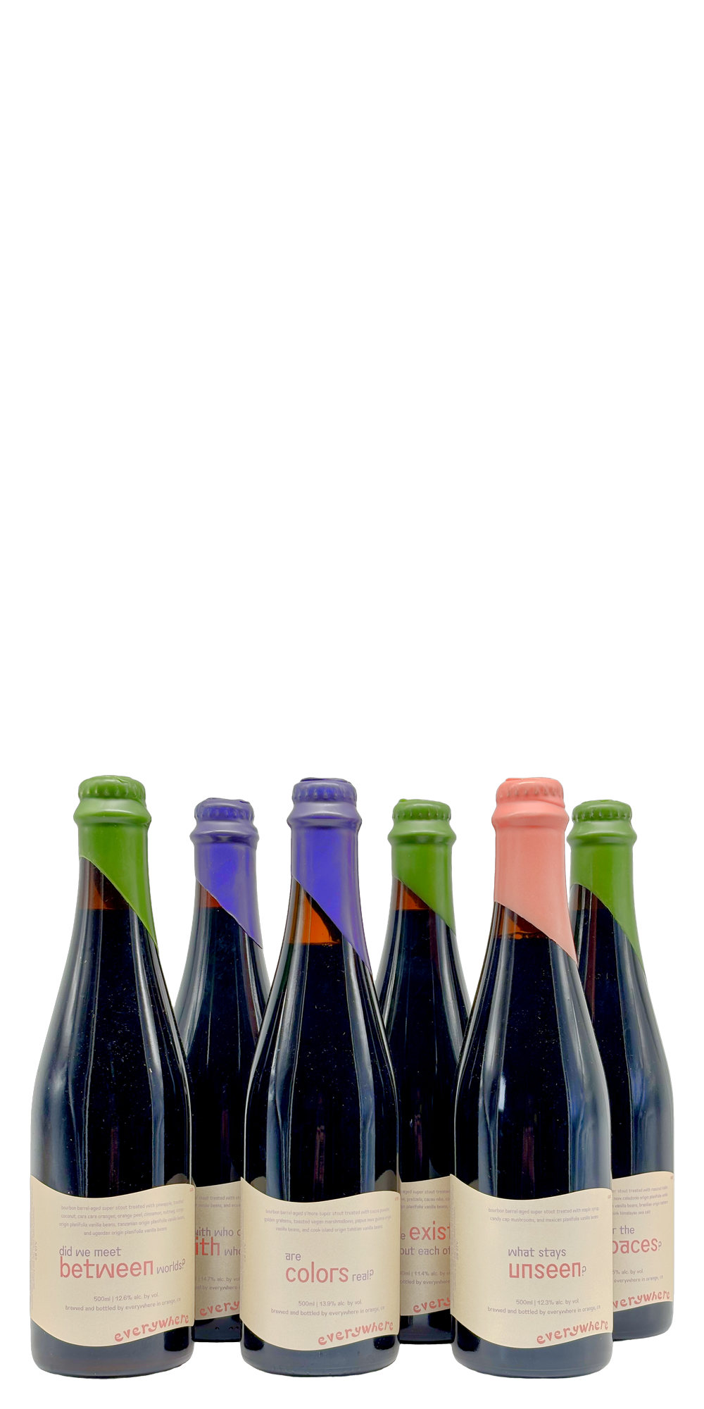 Six 500 ml bottles of Everywhere barrel-aged super stout with green, purple and pink wax, the Everywhere Brewery Bundle
