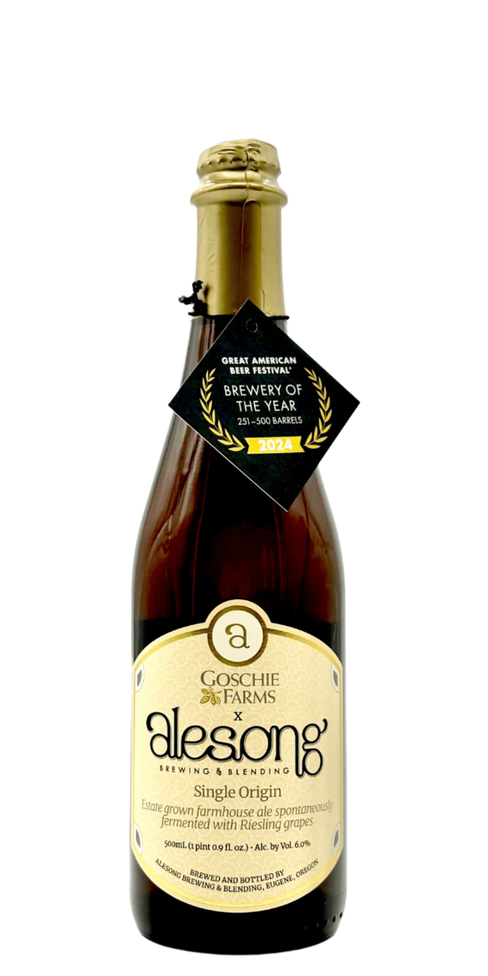 Alesong Single Origin farmhouse ale craft beer bottle with Reisling grapes spontaneous fermentation