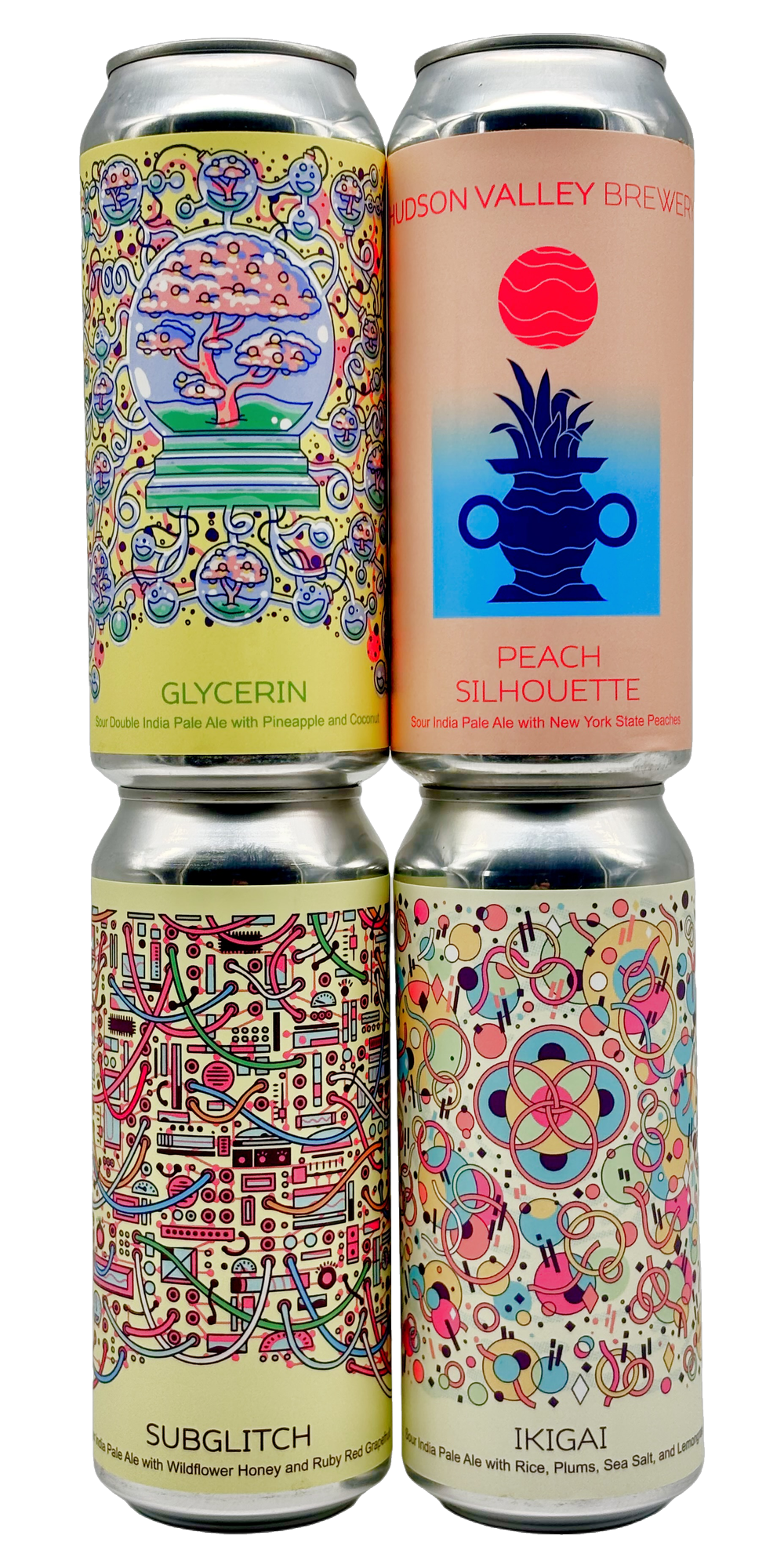 Four 473 ml cans from Hudson Valley Brewery – three sour IPAs and a fruited sour DIPA, 5-8% ABV