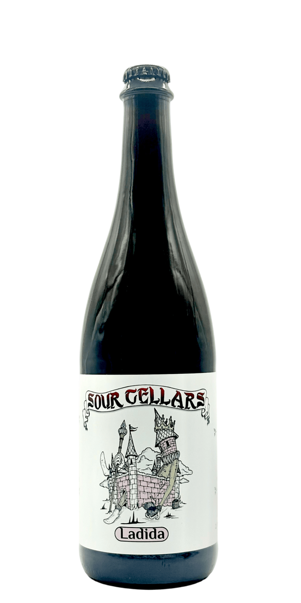 Sour Cellars Ladida barrel-aged spontaneous sour craft beer bottle with plum blueberry lavender