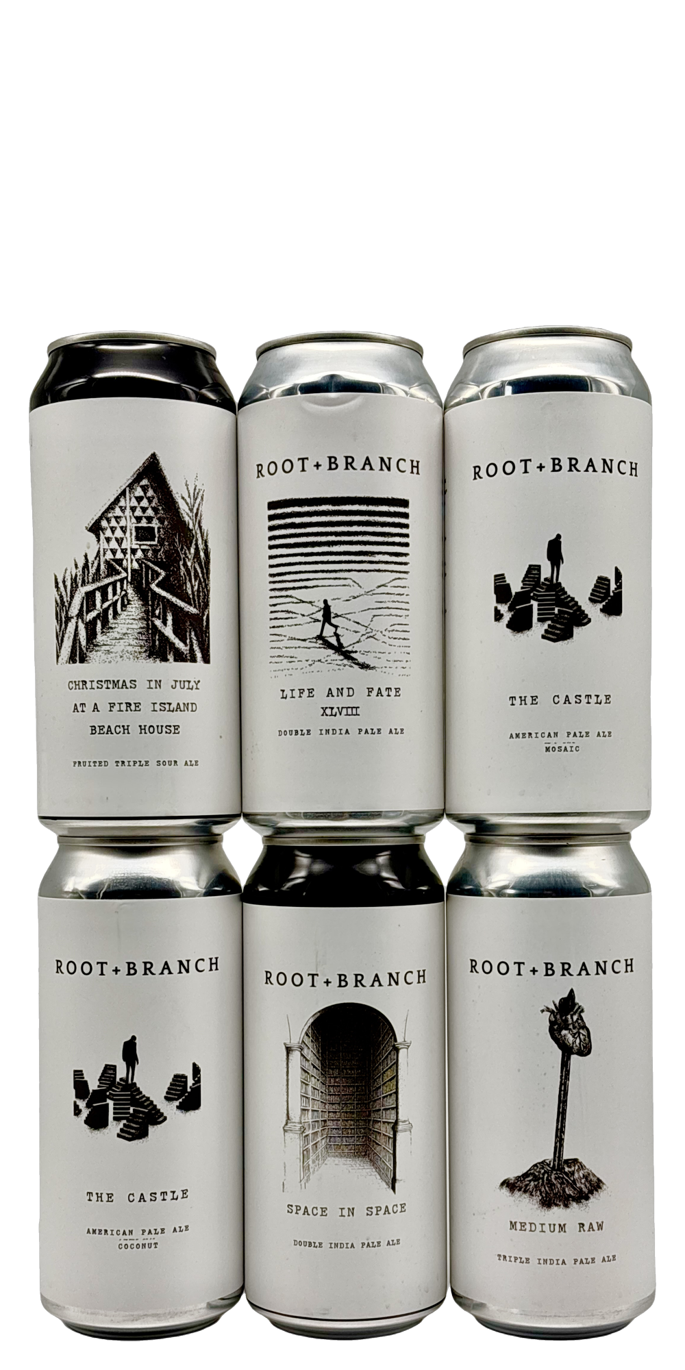 Six 473 ml cans from Root + Branch – pale ales, DIPAs, a TIPA and a fruited sour, 5-10% ABV