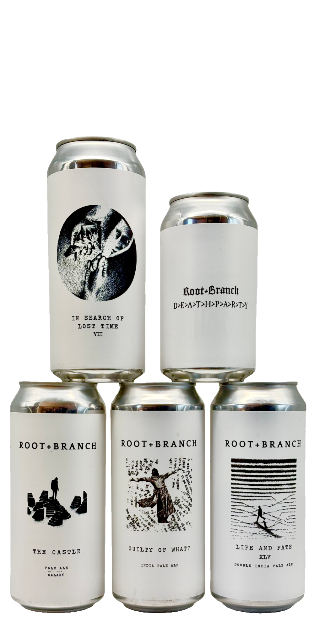 Five cans of the Root + Branch brewery bundle – pale ales, IPAs and DIPA, 5-8% ABV