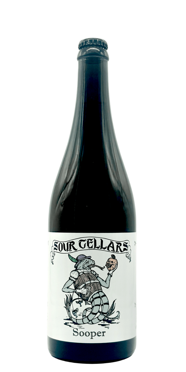 Sour Cellars Sooper spontaneous sour saison blend craft beer bottle with white yellow peaches