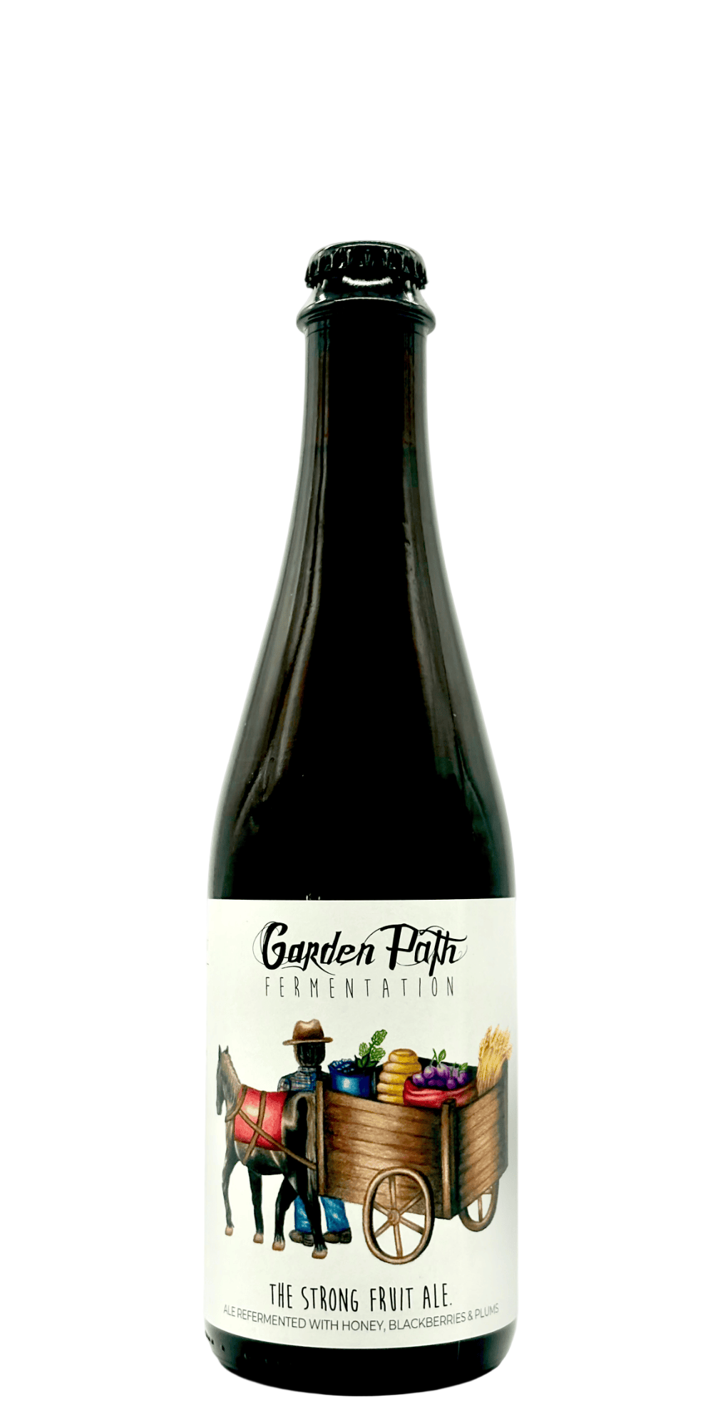Garden Path Strong Fruit Ale barrel-aged craft beer bottle with honey plums blackberries