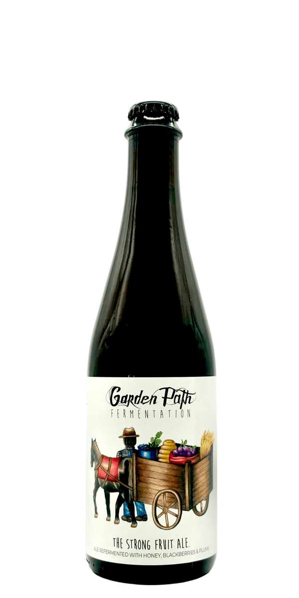 Garden Path Strong Fruit Ale barrel-aged craft beer bottle with honey plums blackberries