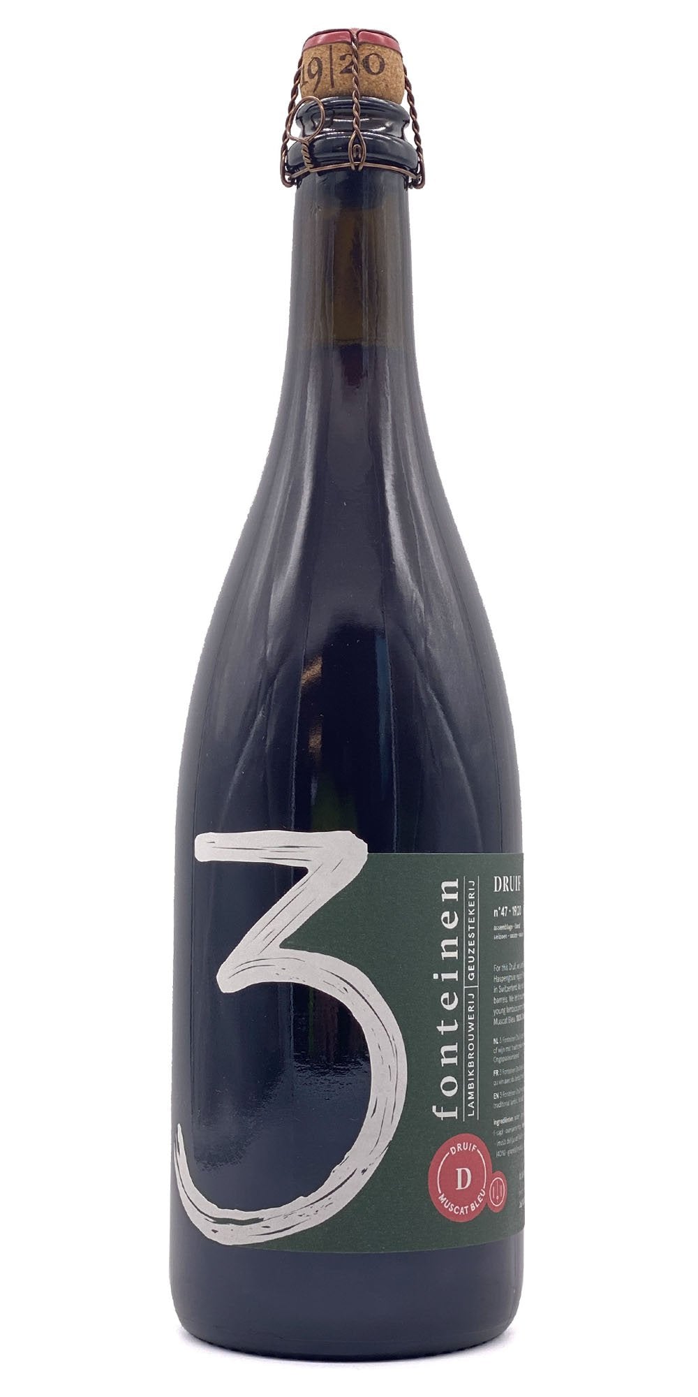 750 ml bottle of 3 Fonteinen - Druif Muscat Bleu #47 2020 – Lambic w. Muscat Bleu grapes, 8.0% ABV