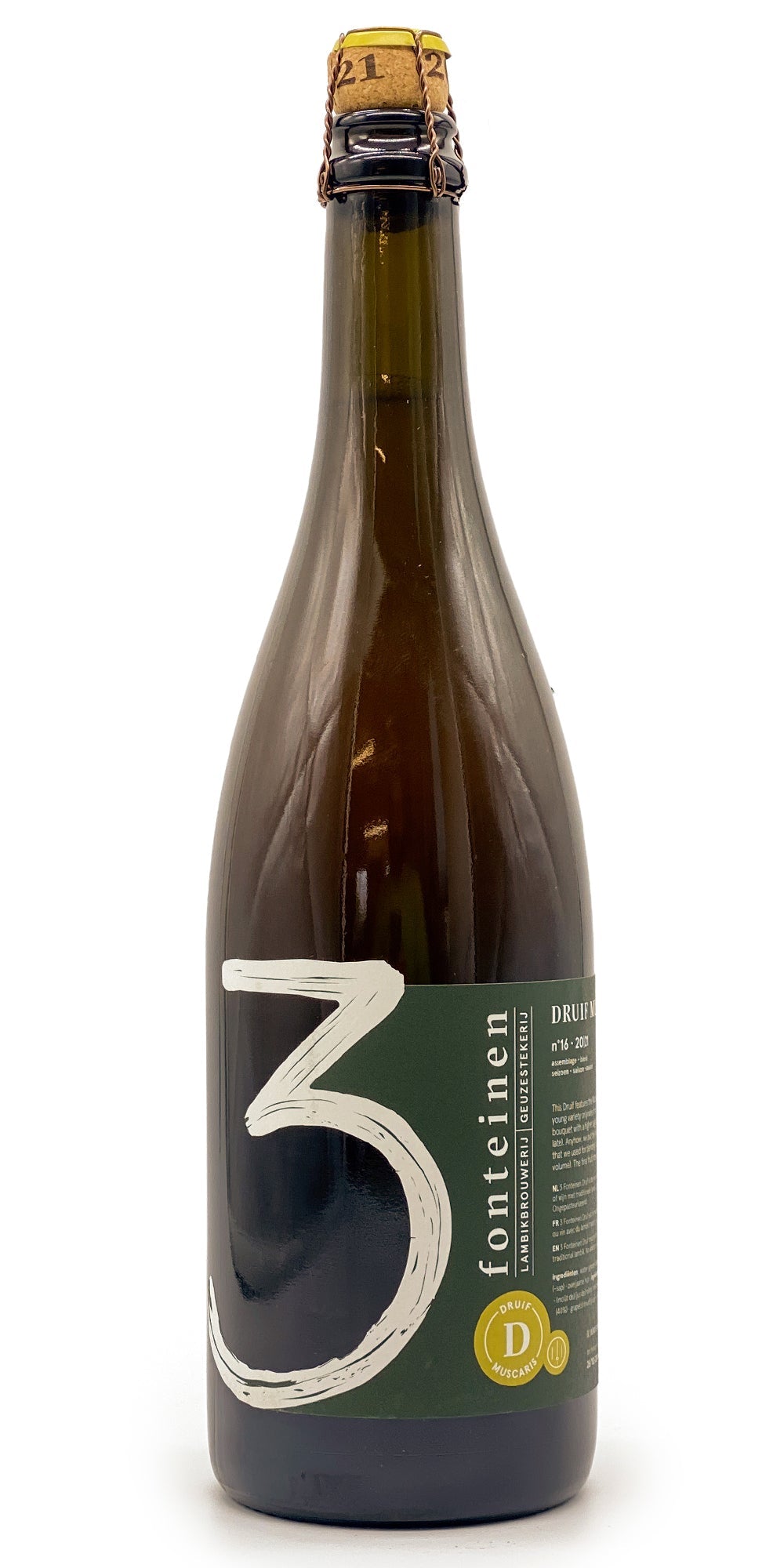 750 ml bottle of 3 Fonteinen - Druif Muscaris #16 2021 – Fruit Lambic, 9.1% ABV